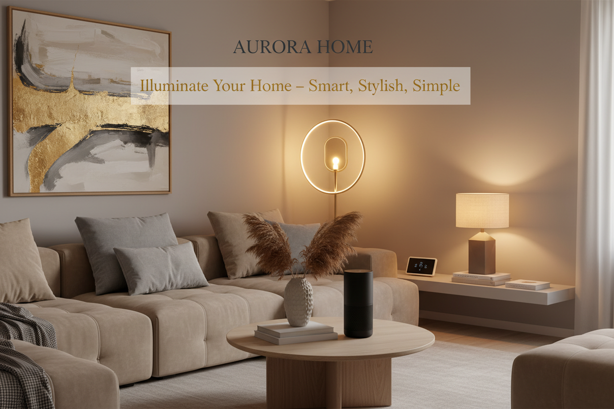 A modern, stylish Shopify banner for a home and lifestyle store, perfectly sized and composed for both desktop and mobile views (safe zones for center content). The design features cozy home lighting, elegant modern decor, and warm ambient tones — showcasing a welcoming, comfortable living space. Include subtle product hints like lamps, smart home gadgets, and decorative items on a clean, uncluttered background. Leave clear space for a logo and tagline reading “Illuminate Your Home – Smart, Stylish, Simple.